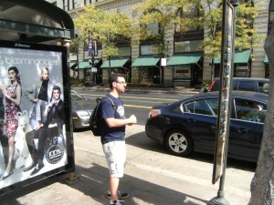 Jay figures out the bus schedule.