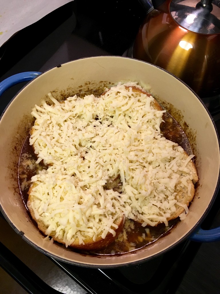 Step 4 - Toast French bread, top the soup, and cover with cheese.