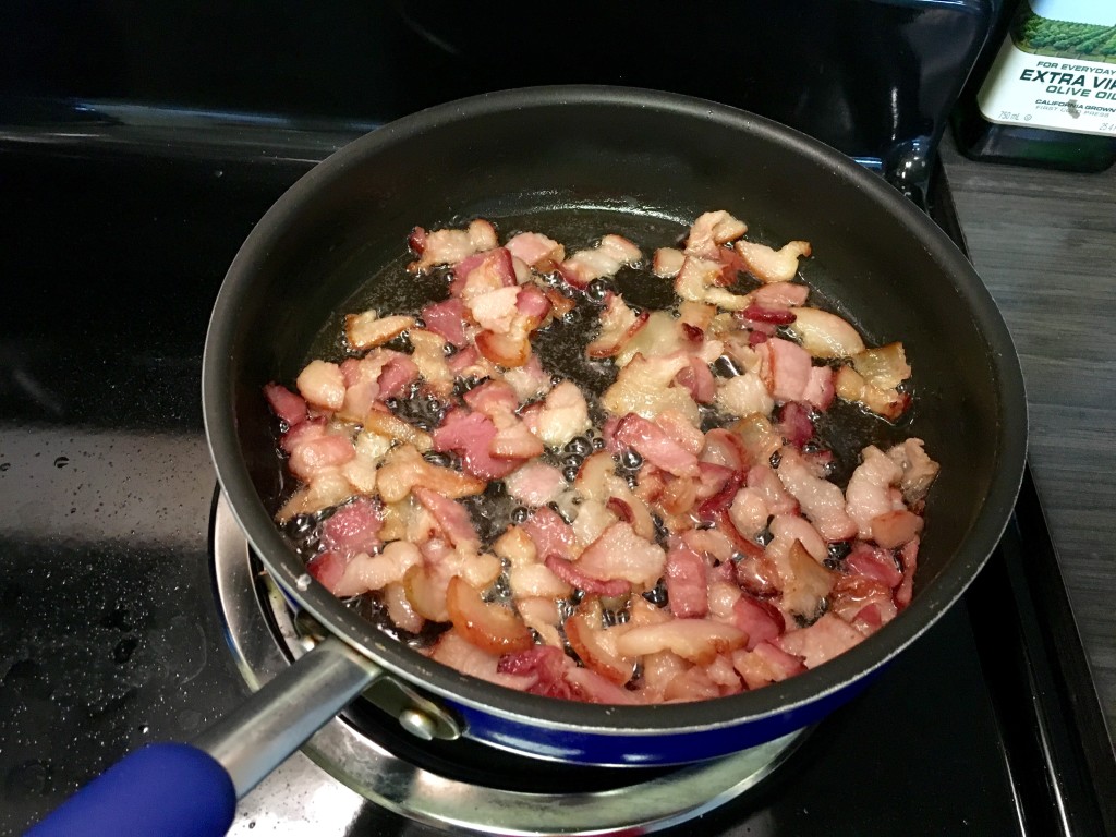 Render down your bacon.  I did it in a separate plan so I could sauté my mushrooms in the fat later.